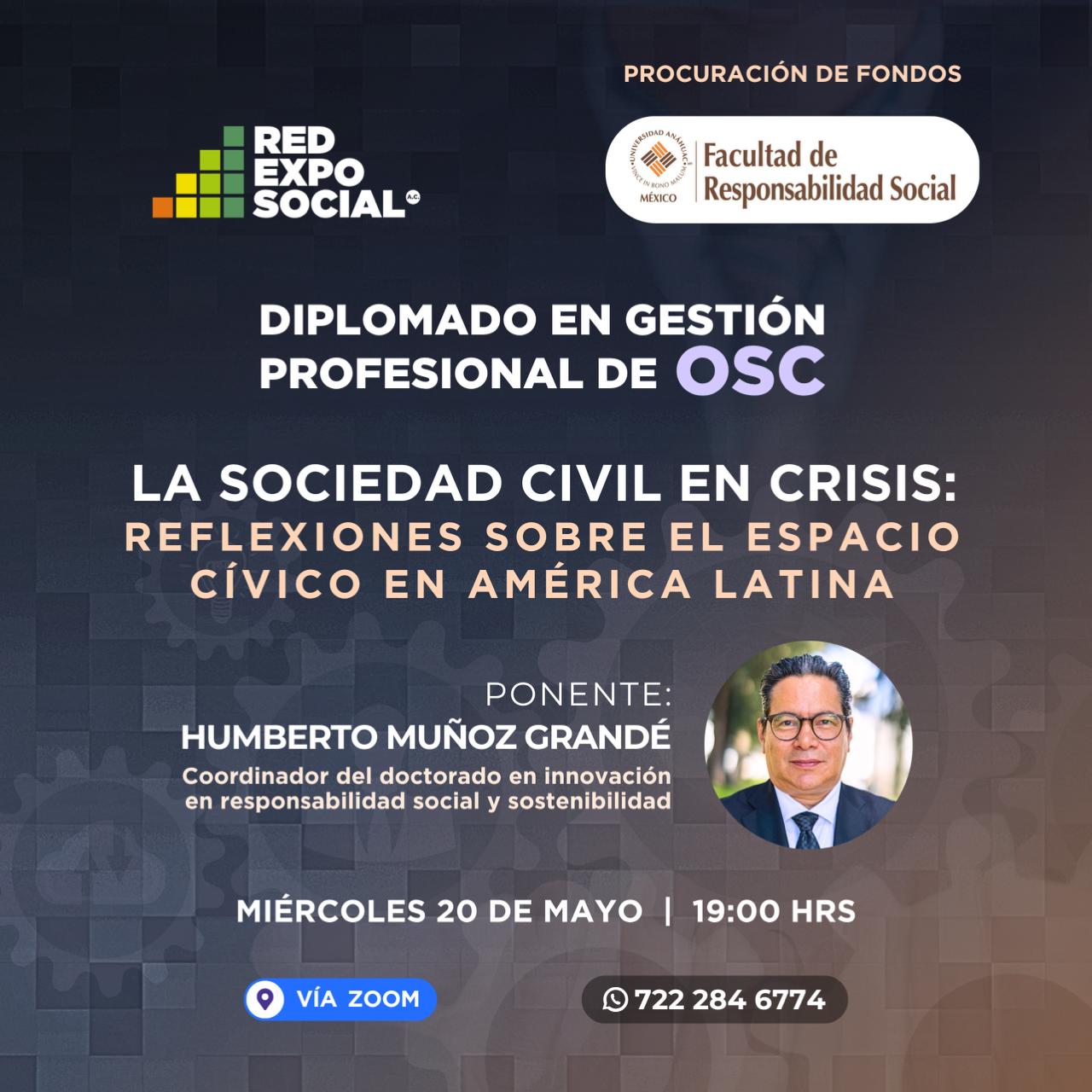 Flyer de conferencia de Humberto Muñoz, La sociedad civil en crisis